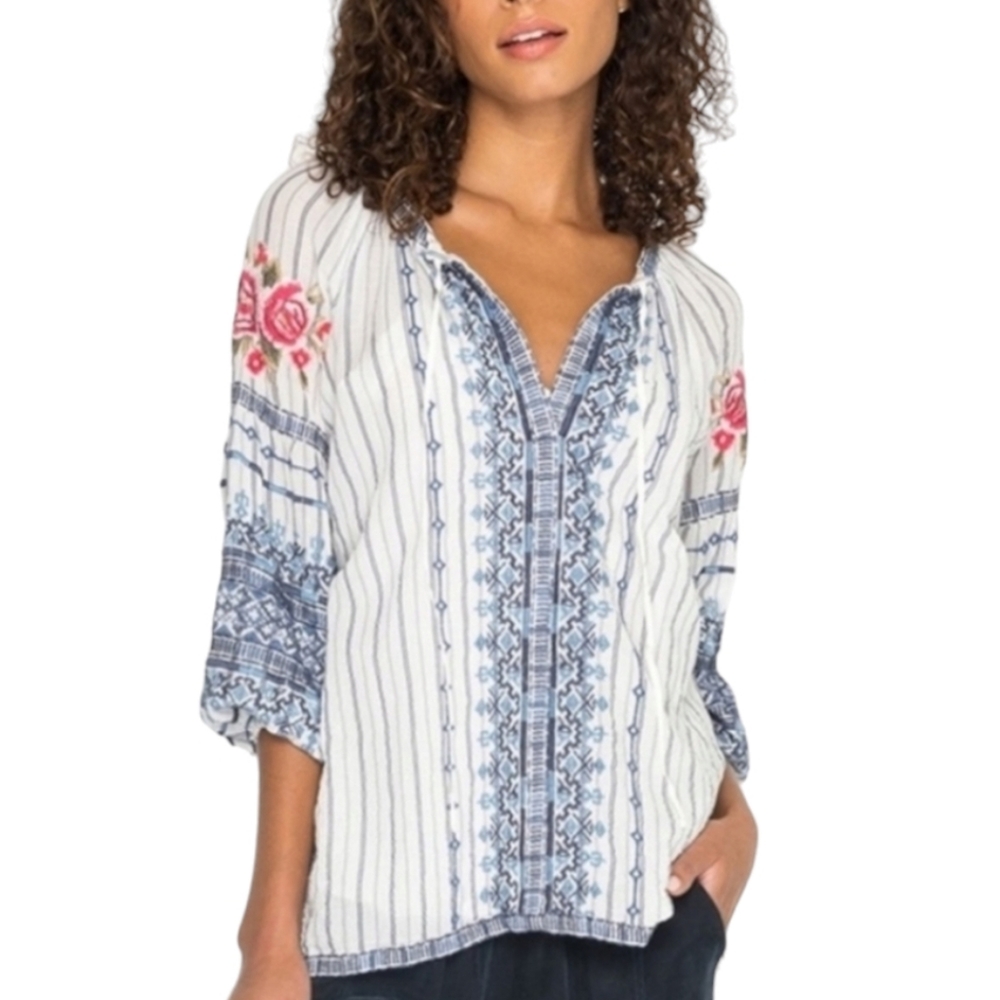 JOHNNY WAS Workshop Shea Peasant Blouse S Santori Stripe Embroidered Boho Anthro - Picture 3 of 16